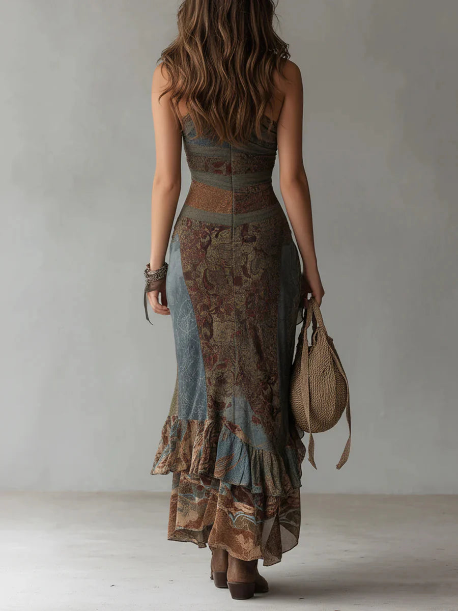 Adriana - Vestido largo asimétrico. Estampado con estilo étnico y abertura alta
