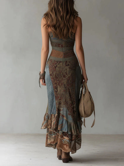 Adriana - Vestido largo asimétrico. Estampado con estilo étnico y abertura alta