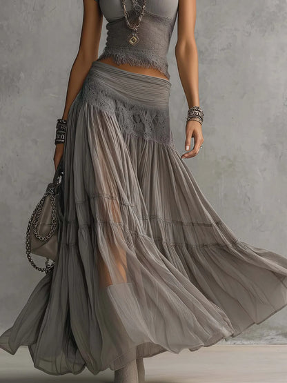 Carmen - Top Gris con transparencias, paneles de encaje y Falda Larga plisada