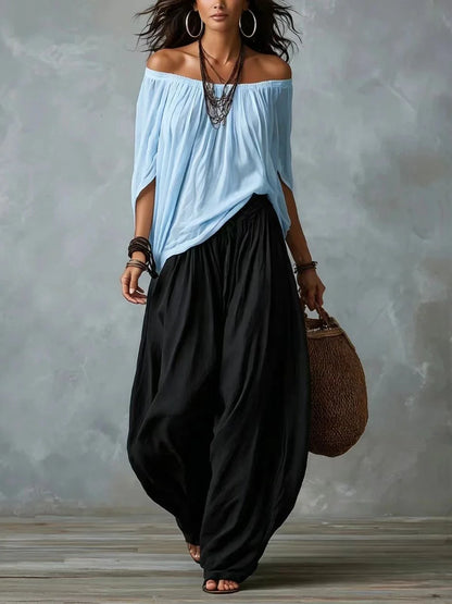 Julia - Conjunto de top en blanco con hombros descubiertos y pantalones holgados