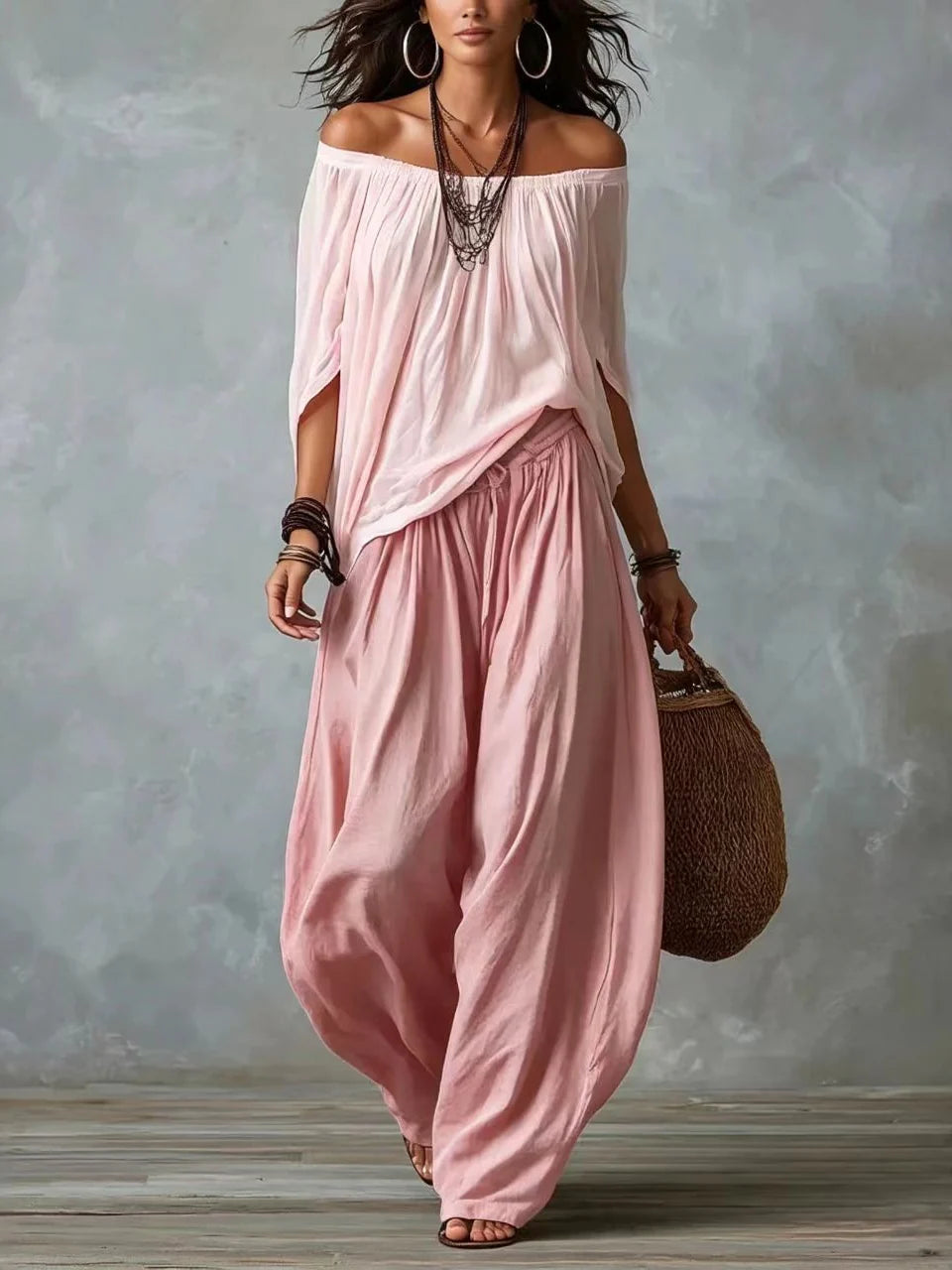 Julia - Conjunto de top en blanco con hombros descubiertos y pantalones holgados