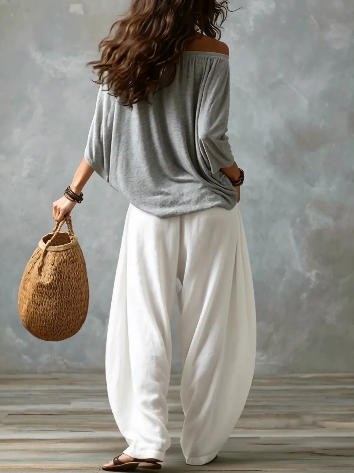 Julia - Conjunto de top en blanco con hombros descubiertos y pantalones holgados