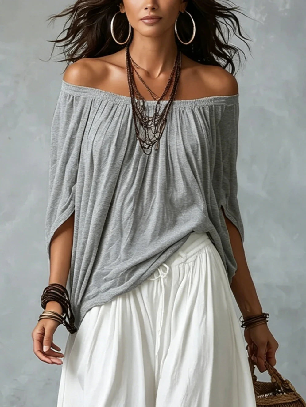 Julia - Conjunto de top en blanco con hombros descubiertos y pantalones holgados