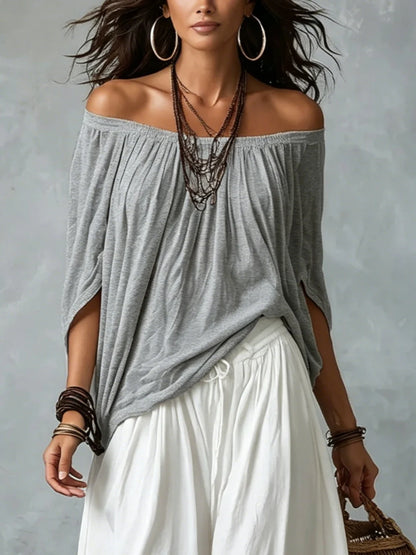 Julia - Conjunto de top en blanco con hombros descubiertos y pantalones holgados