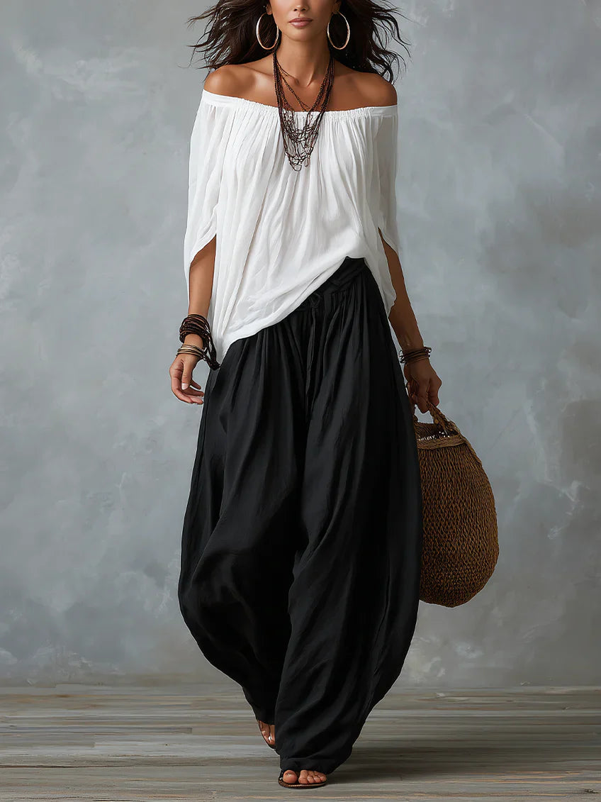 Julia - Conjunto de top en blanco con hombros descubiertos y pantalones holgados