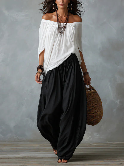 Julia - Conjunto de top en blanco con hombros descubiertos y pantalones holgados
