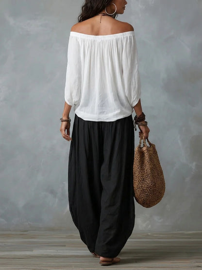 Julia - Conjunto de top en blanco con hombros descubiertos y pantalones holgados