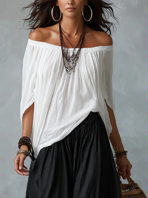 Julia - Conjunto de top en blanco con hombros descubiertos y pantalones holgados