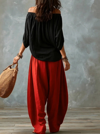 Julia - Conjunto de top en blanco con hombros descubiertos y pantalones holgados