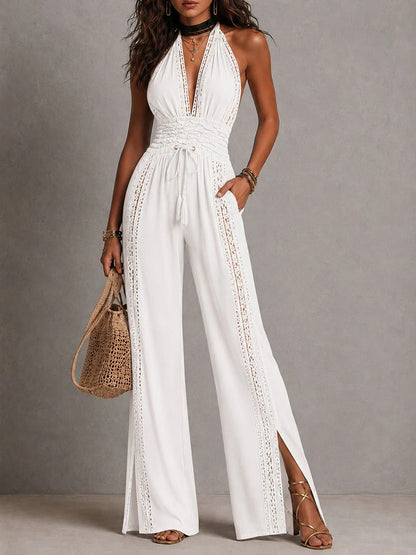 Noah - Mono Bohemio Elegante de Pernera Ancha con Paneles de Encaje y Cintura Fruncida