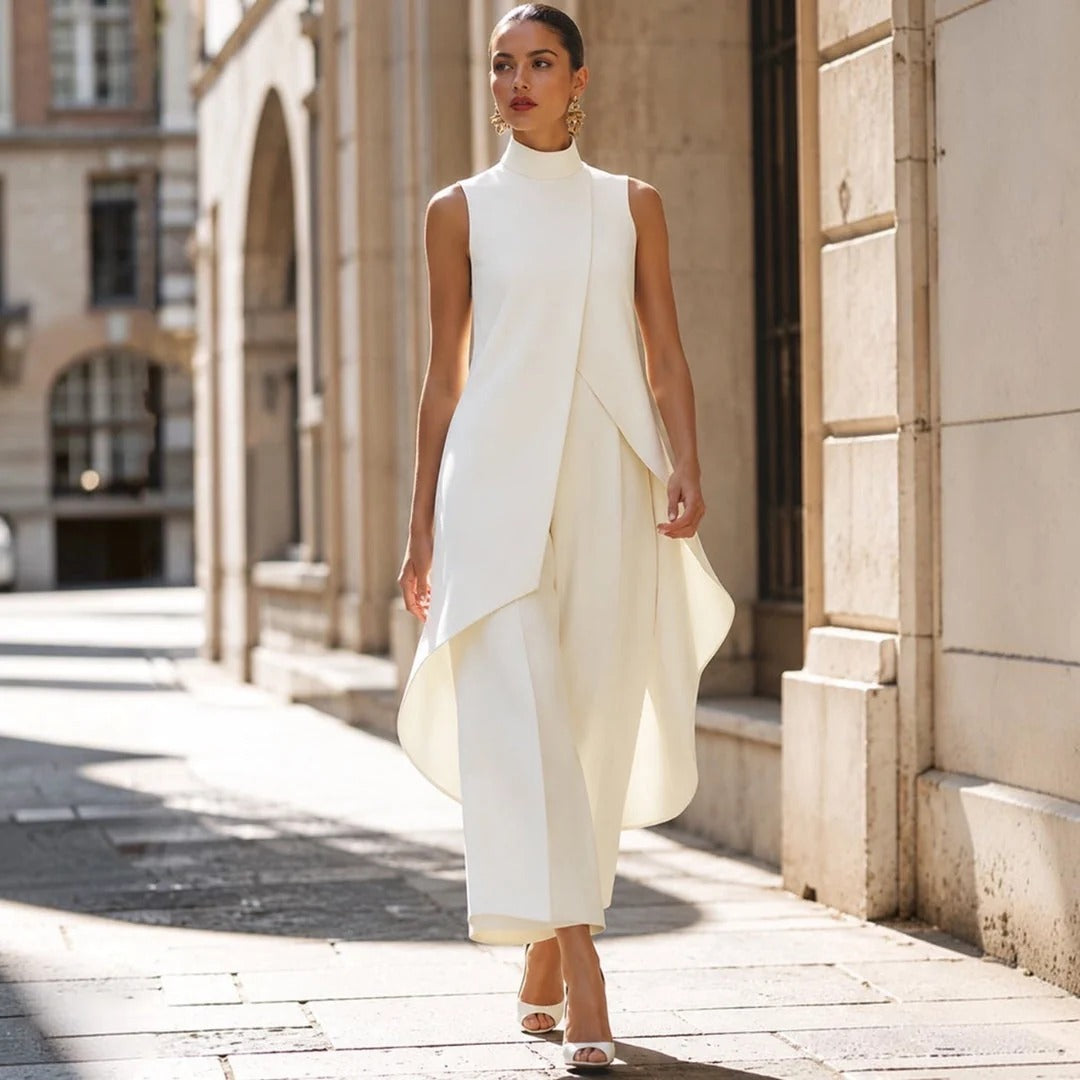 Valeria | Mono elegante con top drapeado de cuello alto