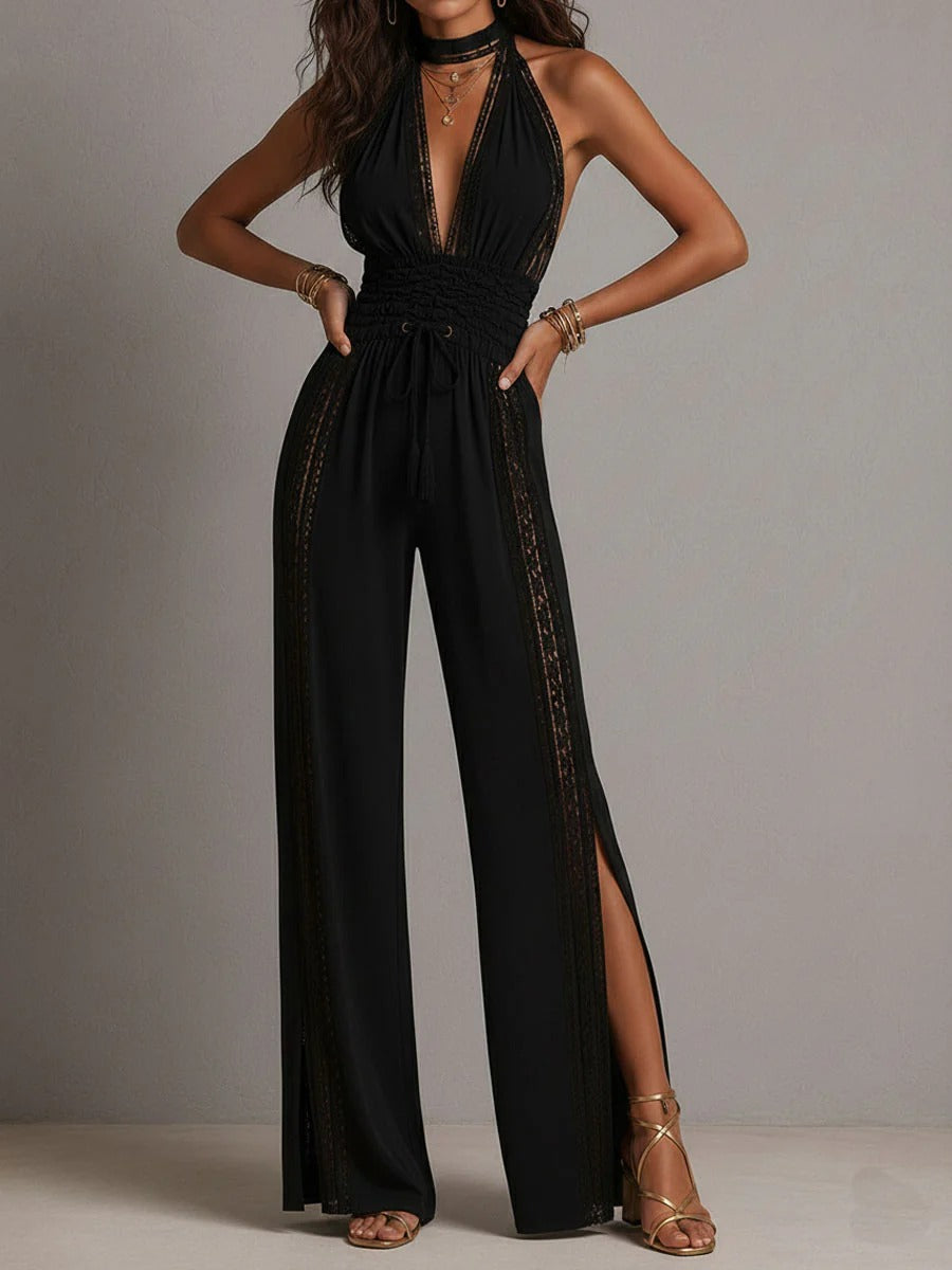 Noah - Mono Bohemio Elegante de Pernera Ancha con Paneles de Encaje y Cintura Fruncida