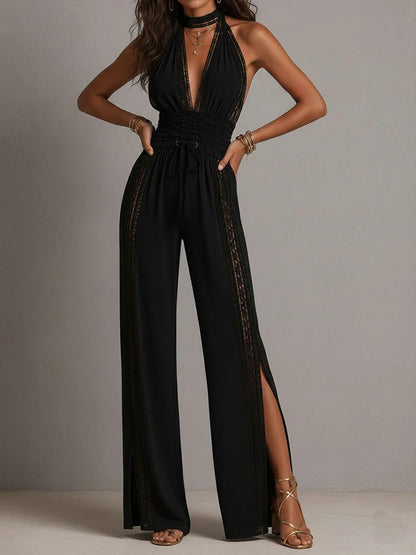 Noah - Mono Bohemio Elegante de Pernera Ancha con Paneles de Encaje y Cintura Fruncida