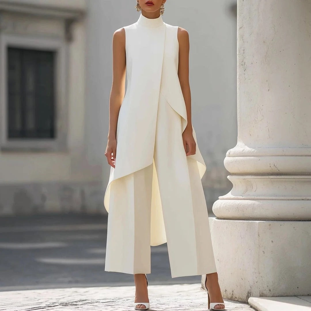 Valeria | Mono elegante con top drapeado de cuello alto