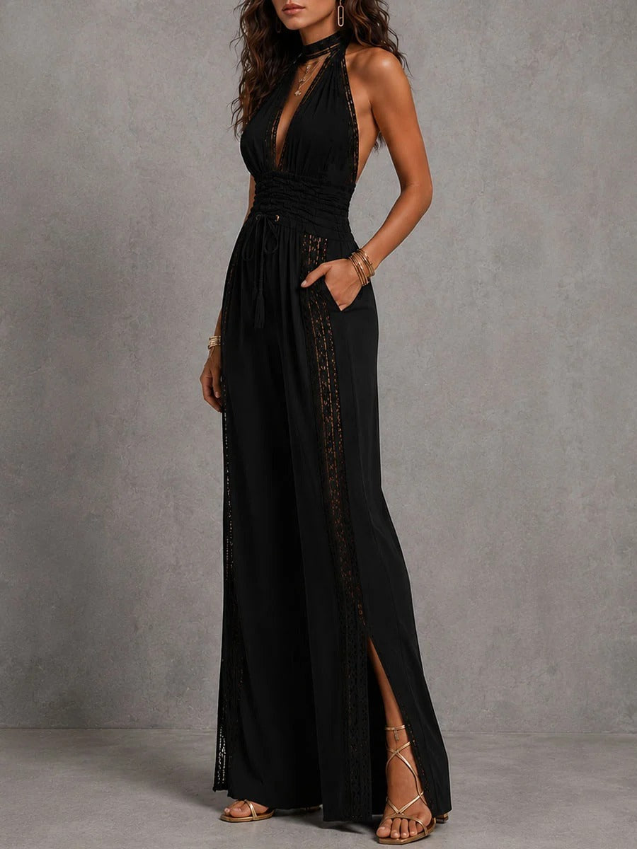 Noah - Mono Bohemio Elegante de Pernera Ancha con Paneles de Encaje y Cintura Fruncida