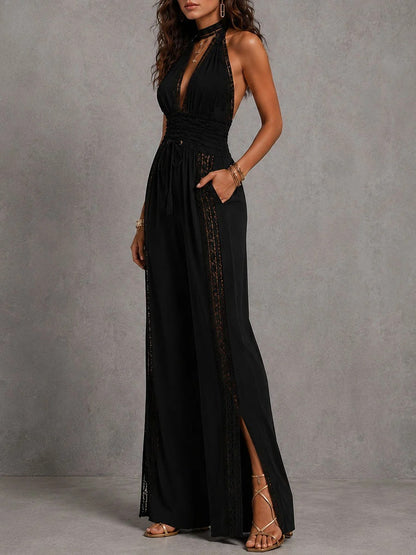 Noah - Mono Bohemio Elegante de Pernera Ancha con Paneles de Encaje y Cintura Fruncida