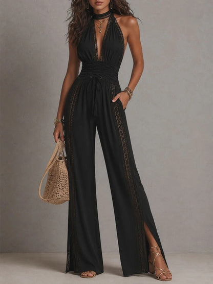 Noah - Mono Bohemio Elegante de Pernera Ancha con Paneles de Encaje y Cintura Fruncida