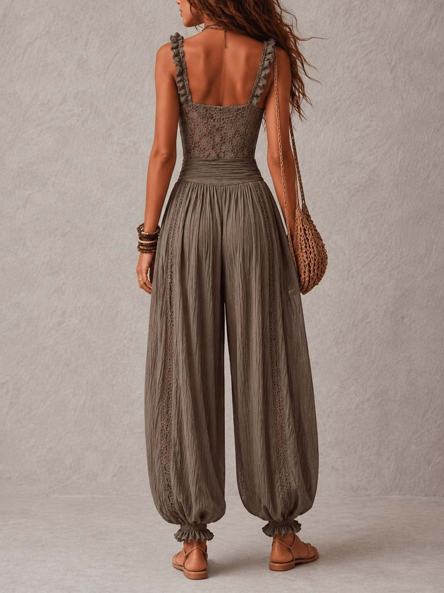 Alicia - Conjunto corpiño de color topo, estilo bohemio y pantalones harem arrugado