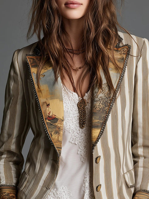 Americana boho a rayas con solapa estampada