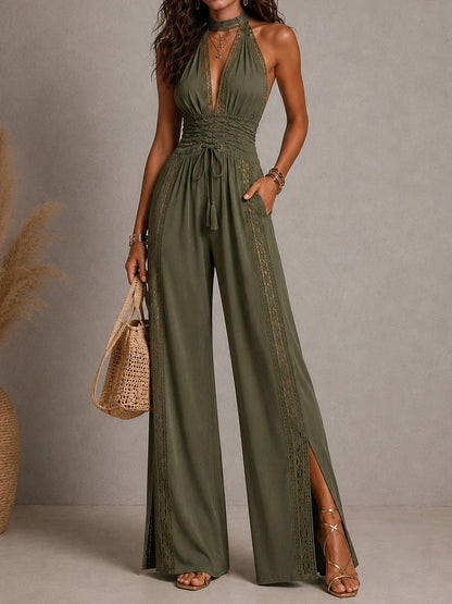 Noah - Mono Bohemio Elegante de Pernera Ancha con Paneles de Encaje y Cintura Fruncida